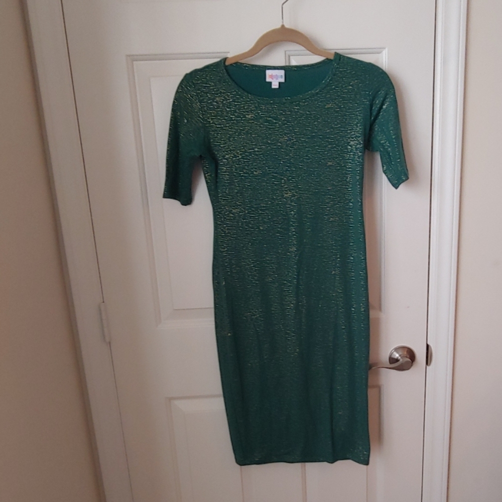 LuLaRoe Julia fitted dress green gold metallic XXS